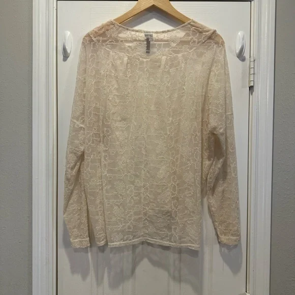 XCVI Blouse Long Sleeve Lace Mesh Ivory Off White Nylon Sheer Boho Layering XL - Picture 2 of 8